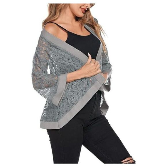 Women's Lace Cardigan Lightweight 3 /4 Sleeve Dressy Grey, Medium - Picture 3 of 5